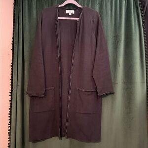 Magaschoni Black with Charcoal Trim Open Front Long Knit Cardigan Sz 1X